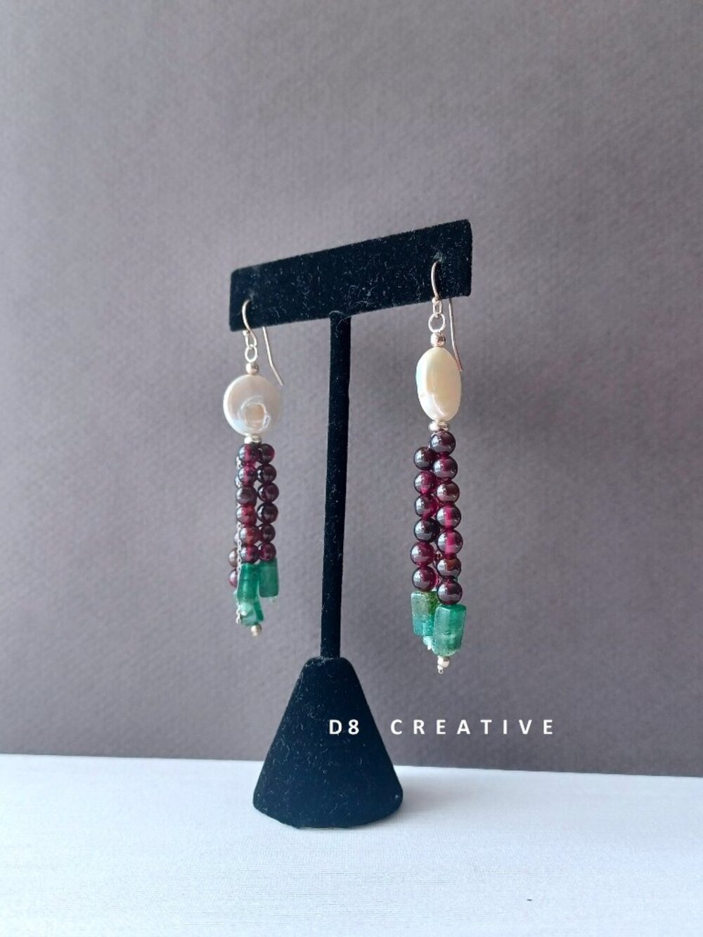 New handmade freshwater pearl with sterling silver and garnet tassel earring
